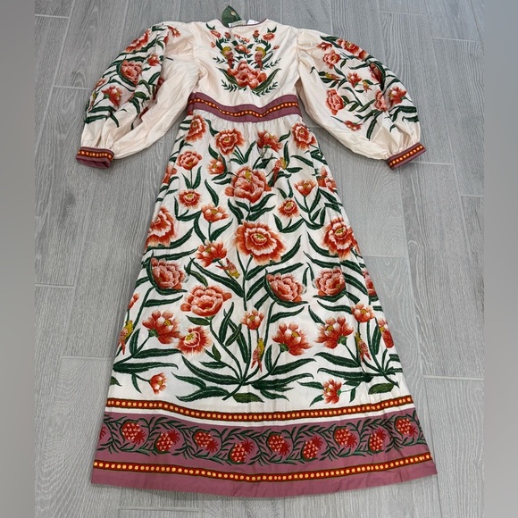 FARM RIO Ainika Delicate Puff Sleeve Floral Bird Maxi Dress Size XS NWT (FLAWED) - Picture 8 of 14